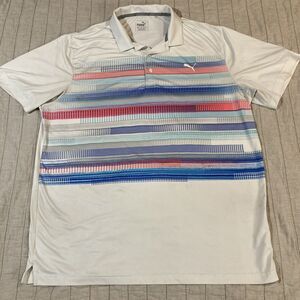 Puma Polo Shirt Mens XL White Blue Pink Striped Golf Rare Ricky Fowler Dry Cell